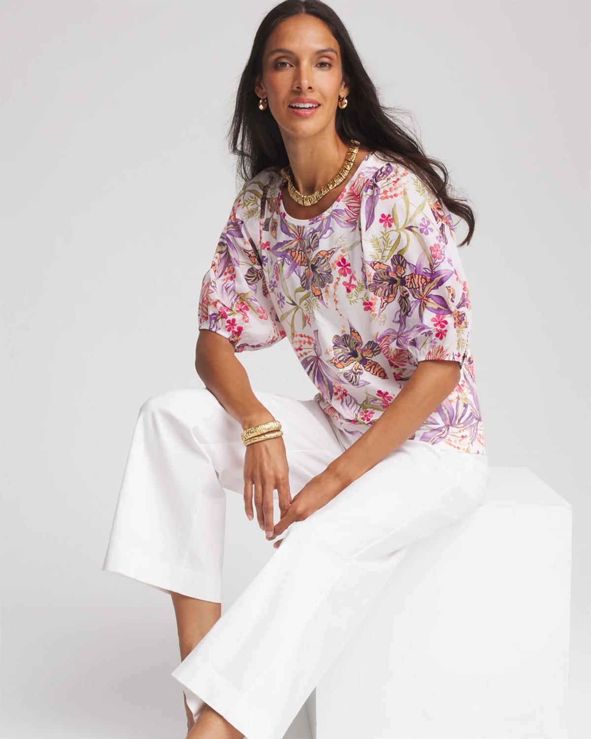 Chico's Floral Dolman Sleeve Knit Top In White In White