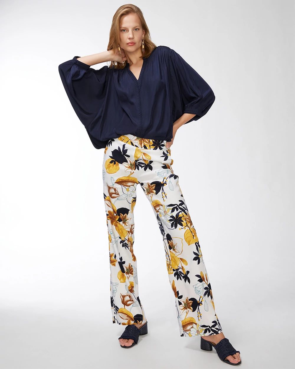 Linen-Blend Stretch Floral Pants