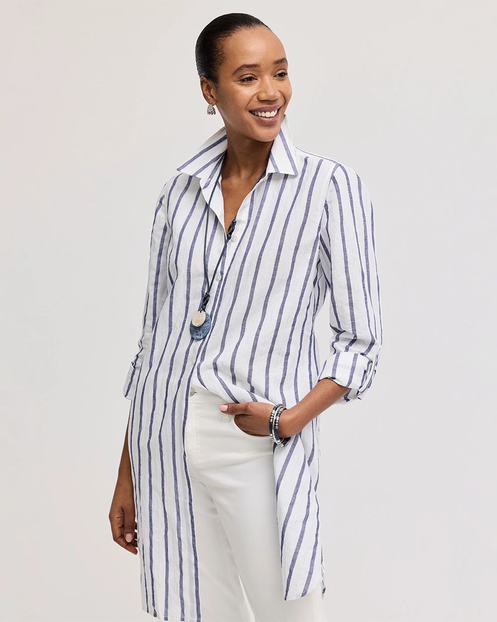 Linen Metallic Striped Duster Shirt