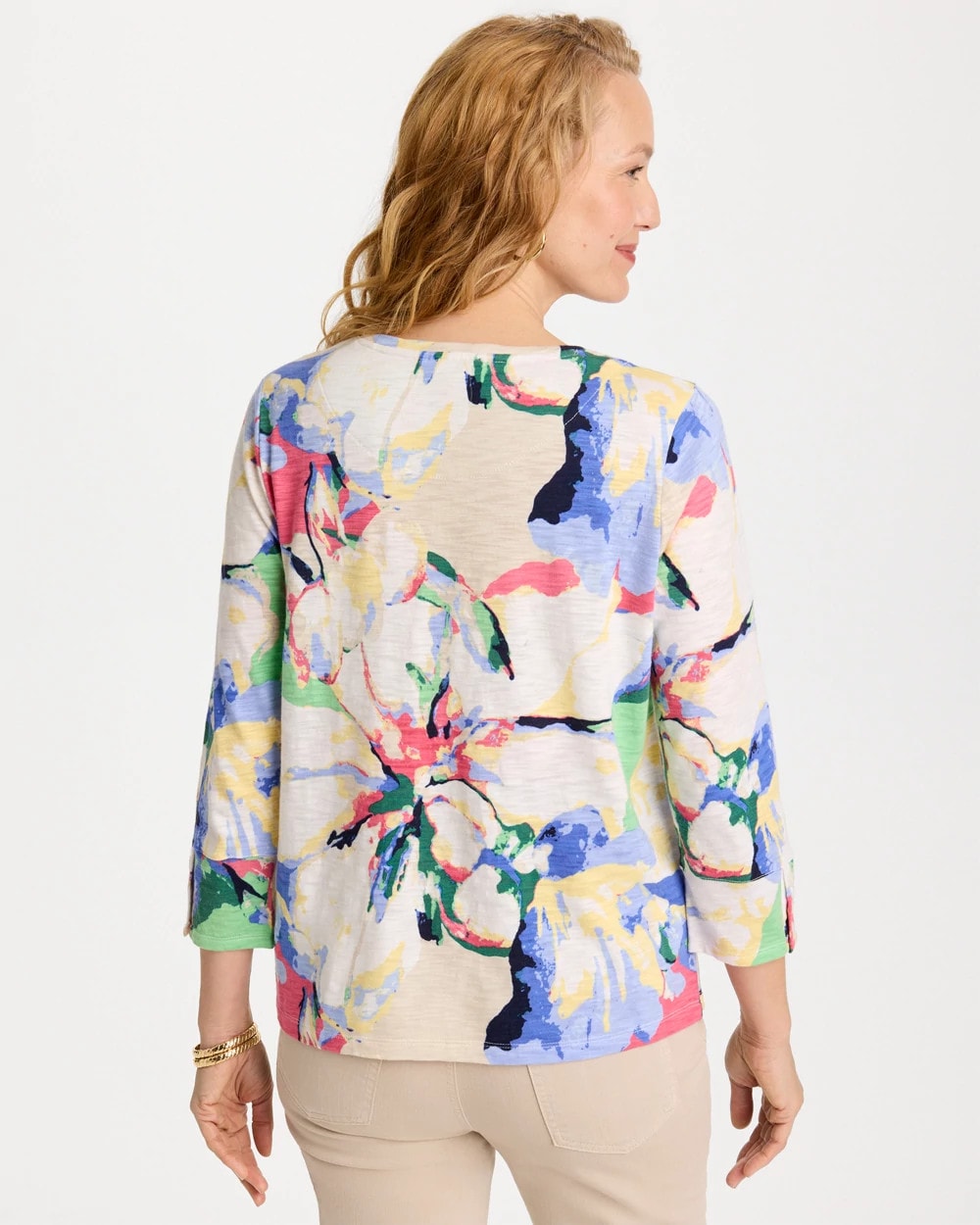 Printed Cotton Slub 3/4 Sleeve Button Tee