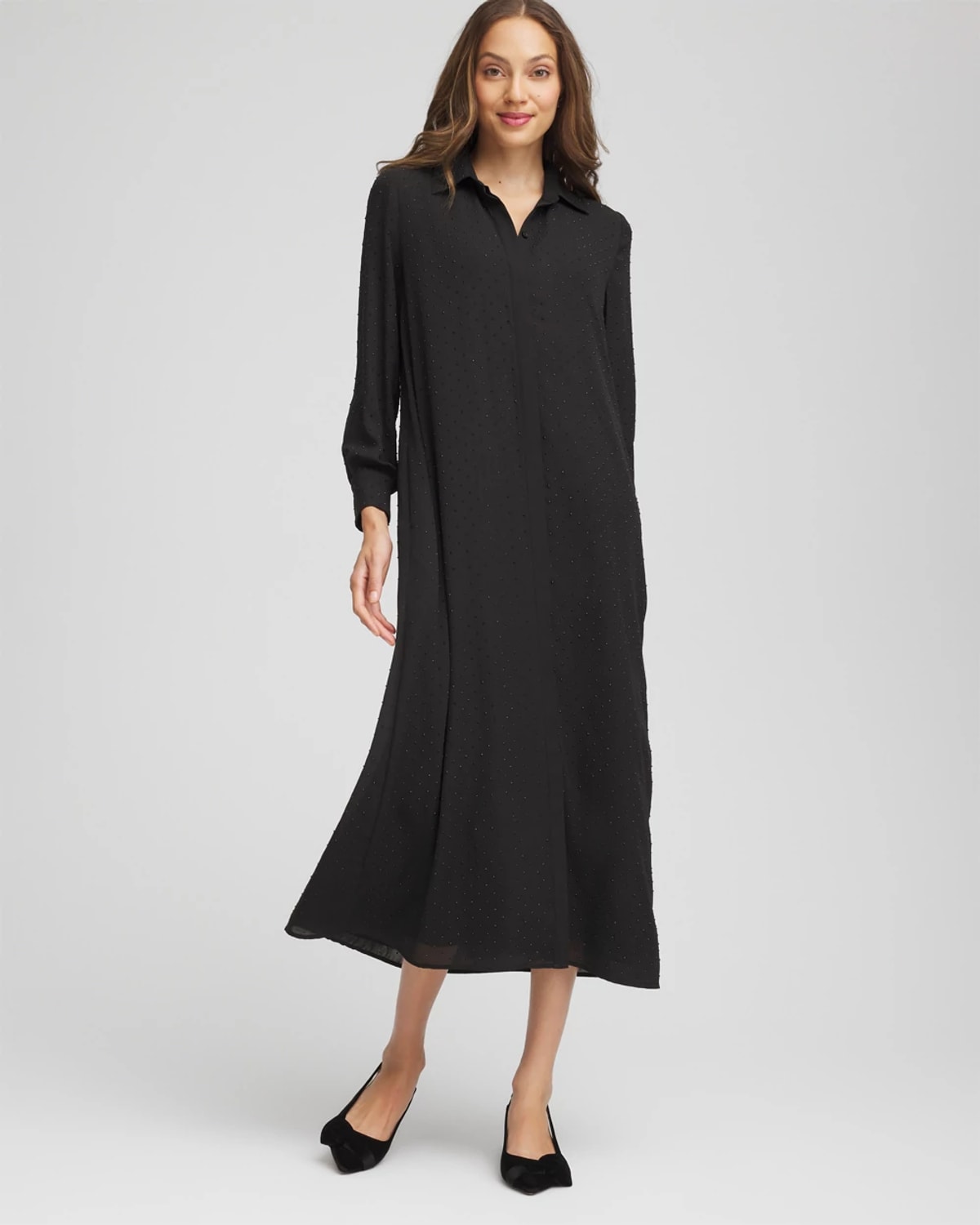 Chico's Sequined Long-sleeved Maxi Shirtdress In Black In Black