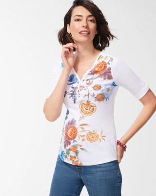 Floral Henley Elbow Sleeve Tee