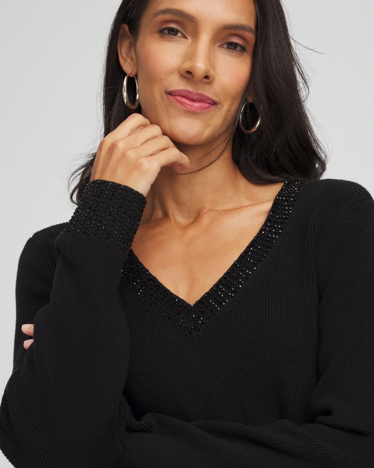 Chico's Embellished V-neck Pullover Sweater In Black In Black