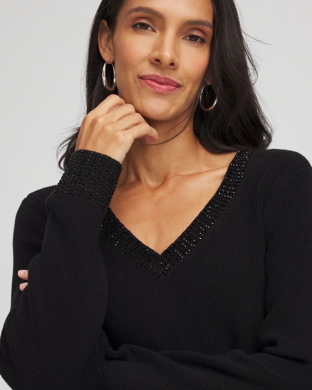 Embellished V-Neck Pullover Sweater