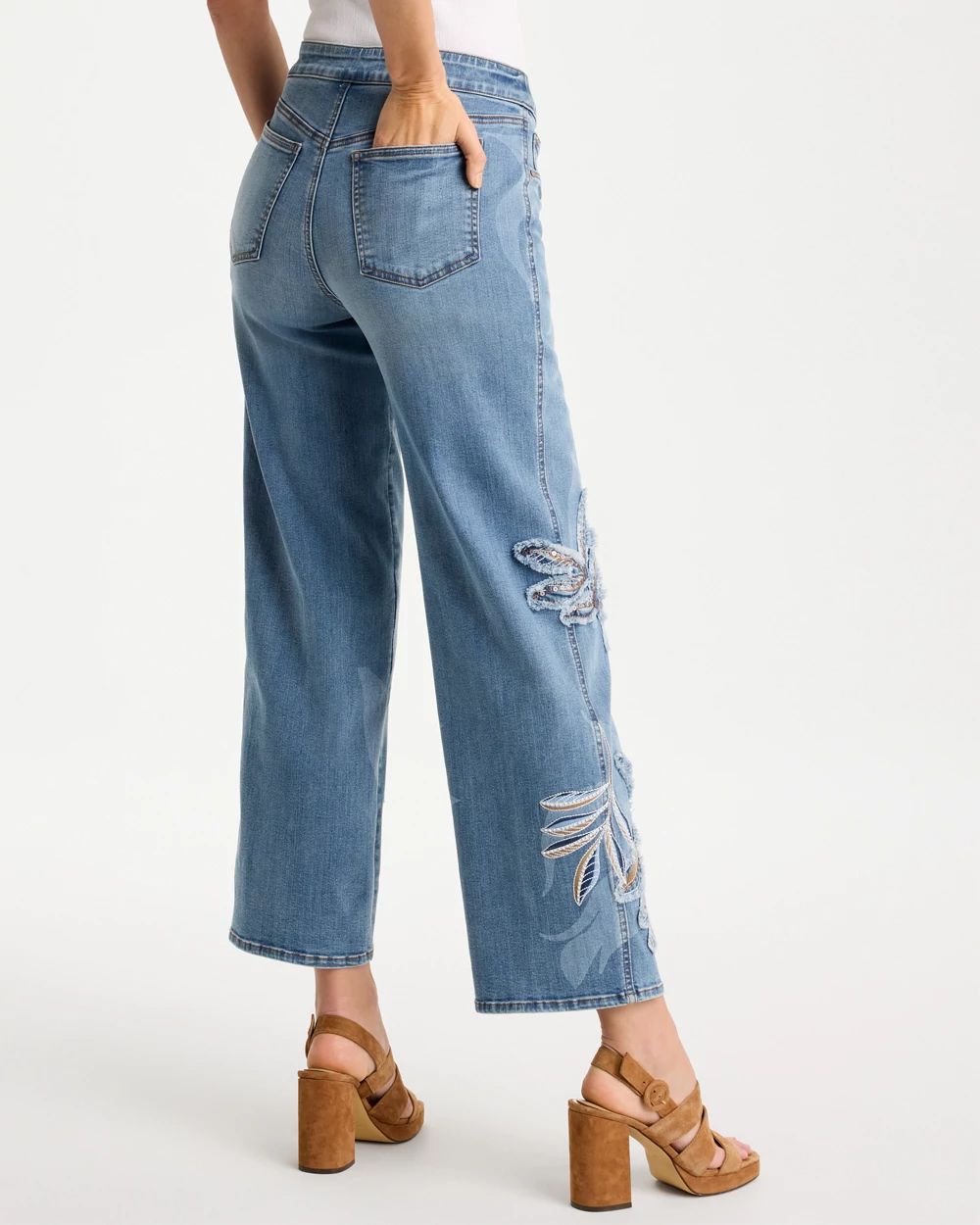 Tropical Embroidery Pull-On Wide Crop Jean click to view larger image.