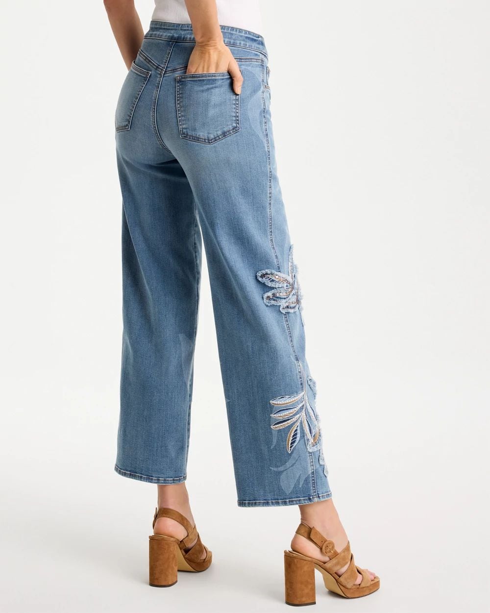 Petite Tropical Embroidery Pull-On Wide Crop Jean