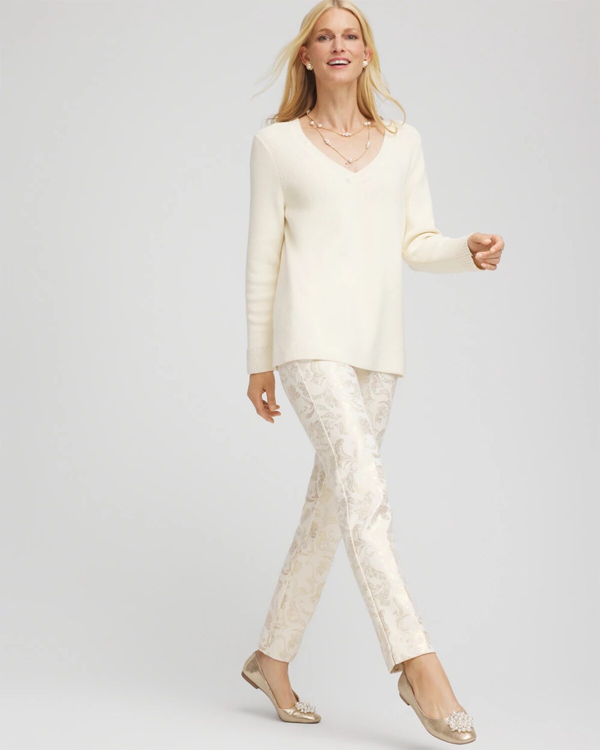 Chico's Juliet Golden Foiled Slim Ankle Pants In Cream In White
