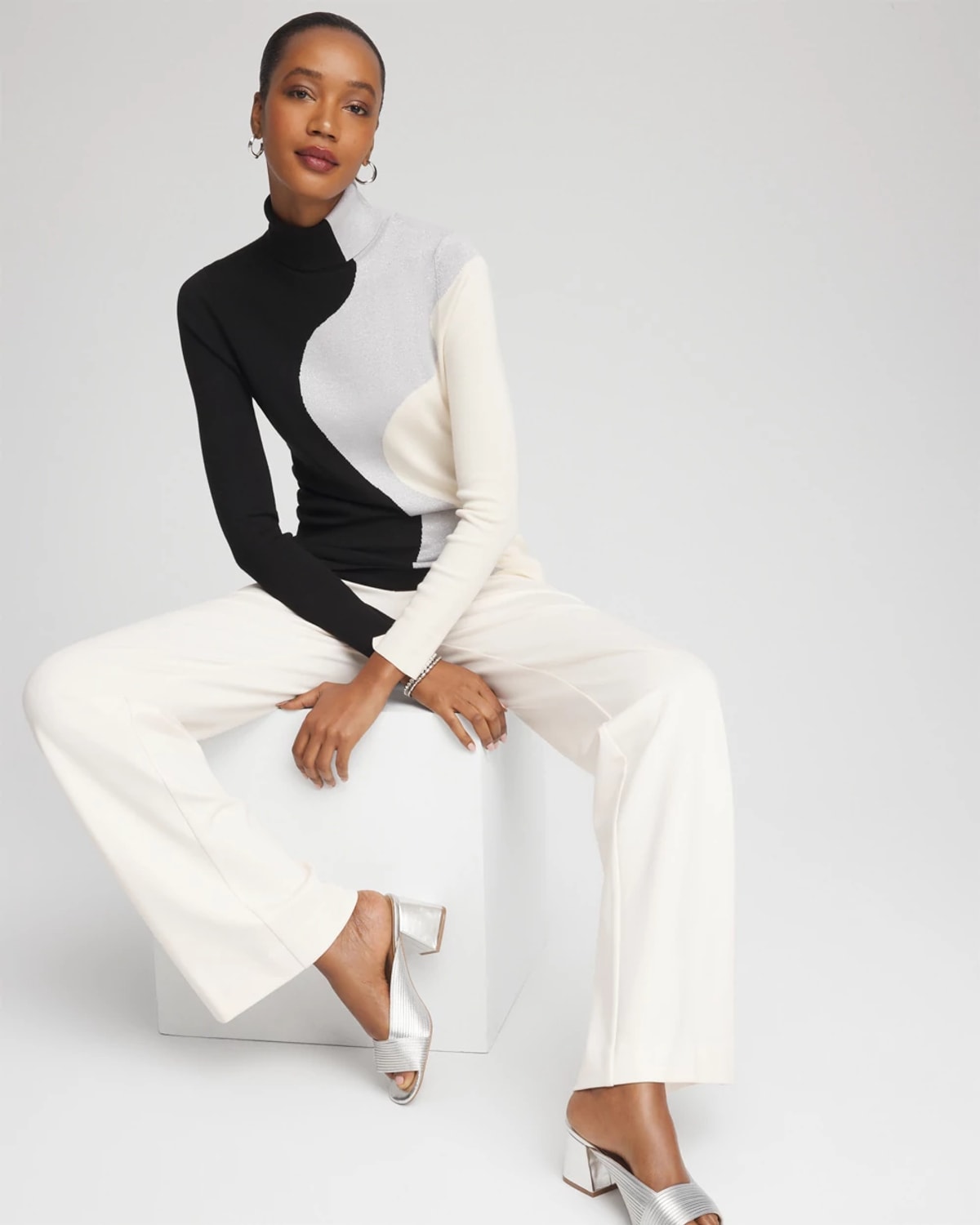 Chico's Ella Turtleneck Intarsia Sweater In Black In Black