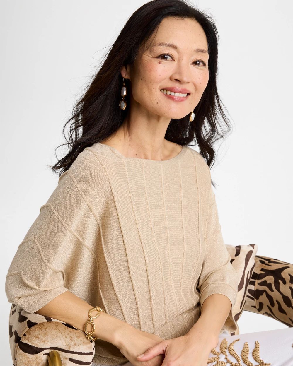 Metallic Pleated Dolman Pullover Sweater