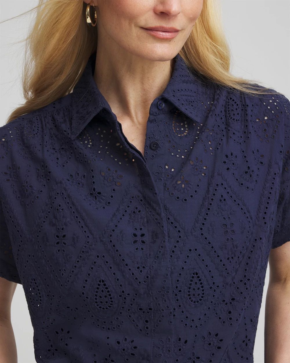 Embroidered Eyelet Button-down Top