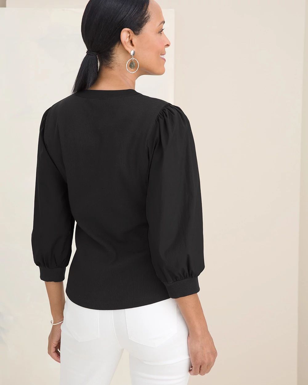 Button-Placket Puff-Sleeve Tee