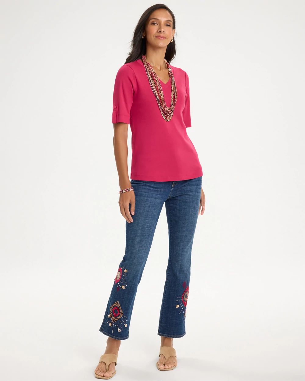 Girlfriend Tropical Soutache Flared Crop Jeans click to view larger image.