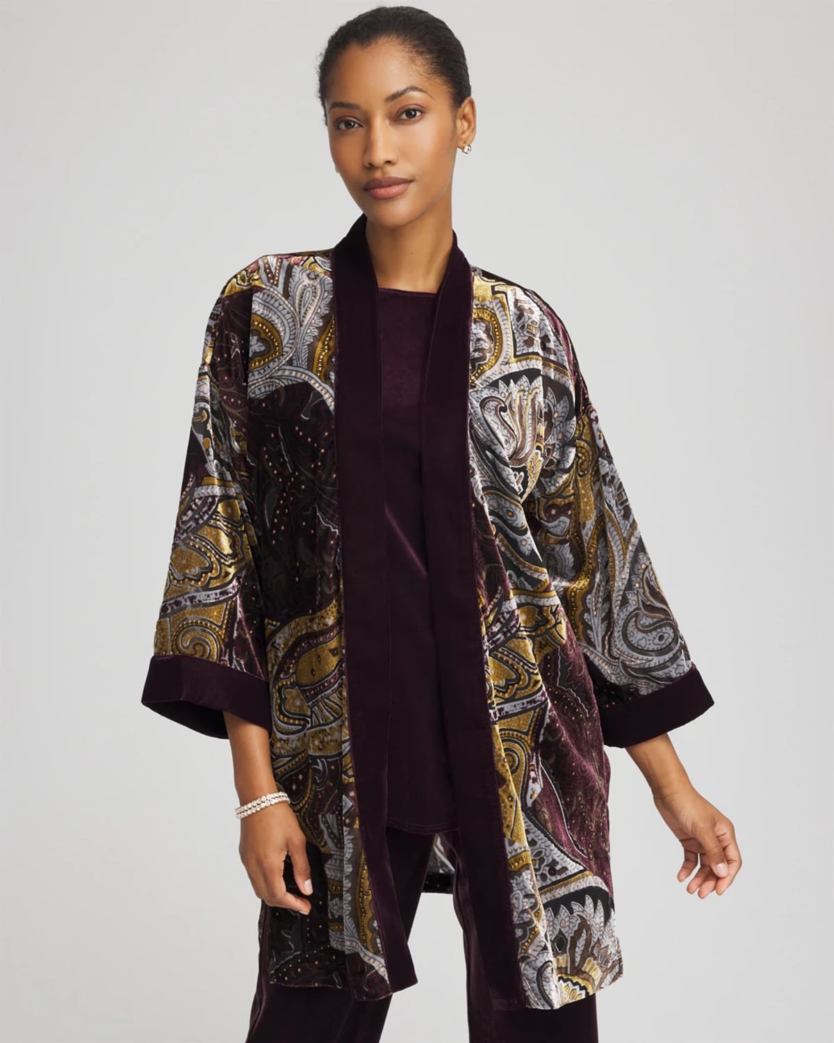 Chico's Travelers Velvet Burnout Kimono In Night Bloom In Purple
