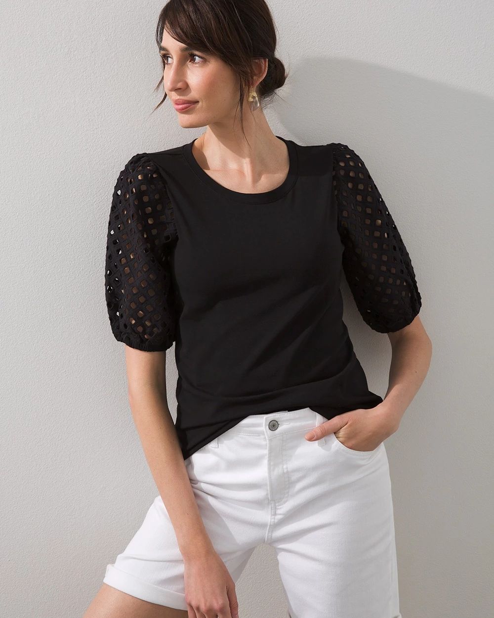 Eyelet Elbow Sleeve Top