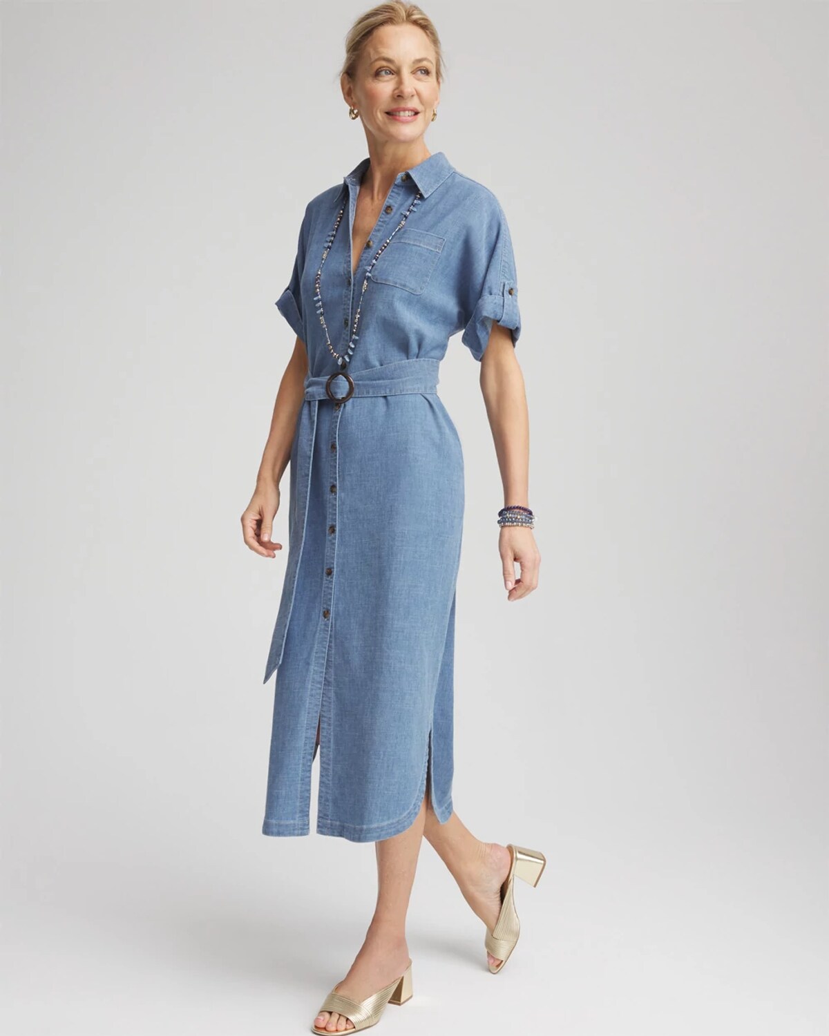 Chico's Denim Belted Midi Shirtdress In Blue In Purple