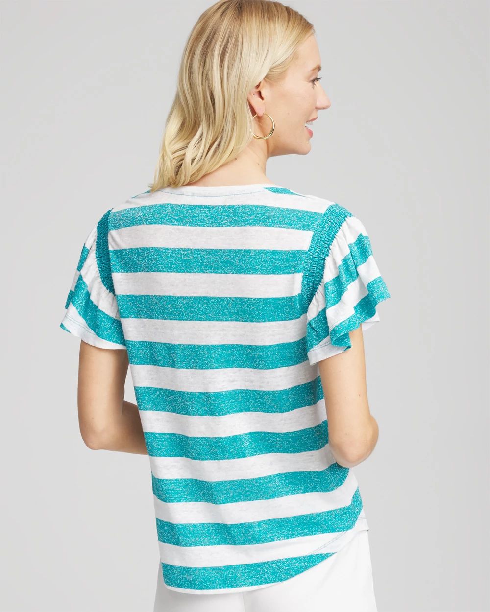 Linen Metallic Striped Flutter-Sleeve Tee
