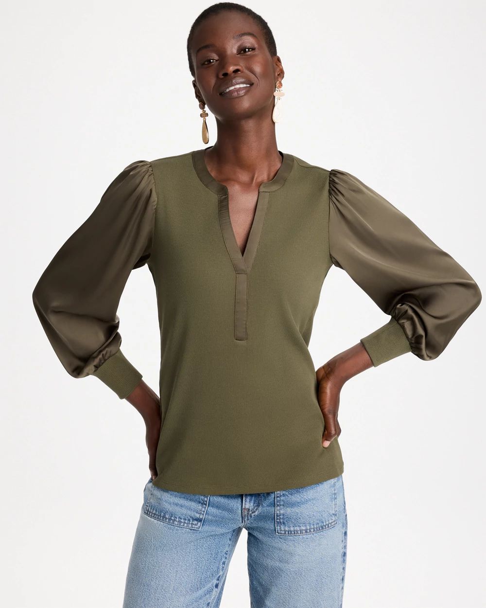 Satin Sleeve Henley Top