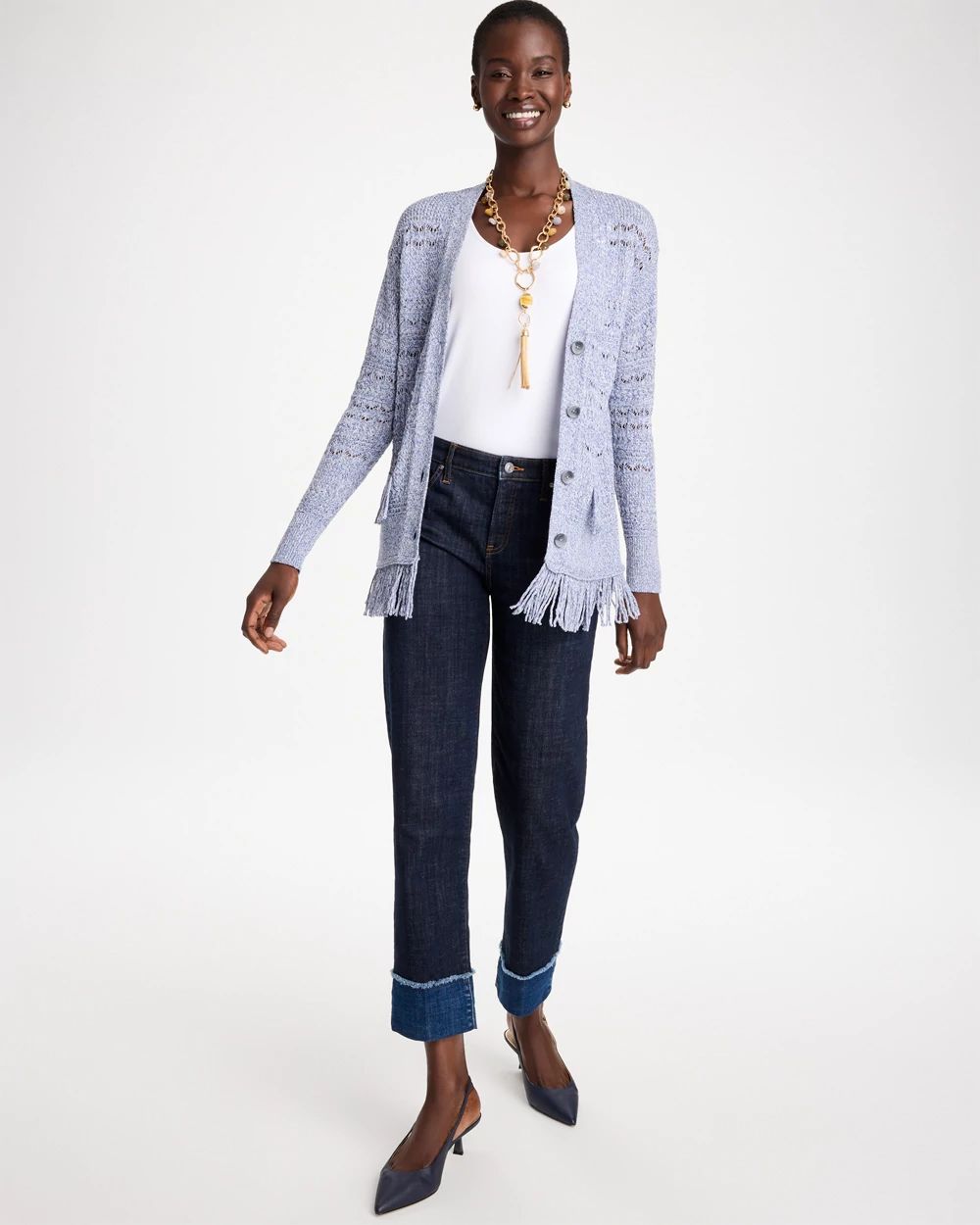 Fringed Long-Sleeve Cardigan click to view larger image.