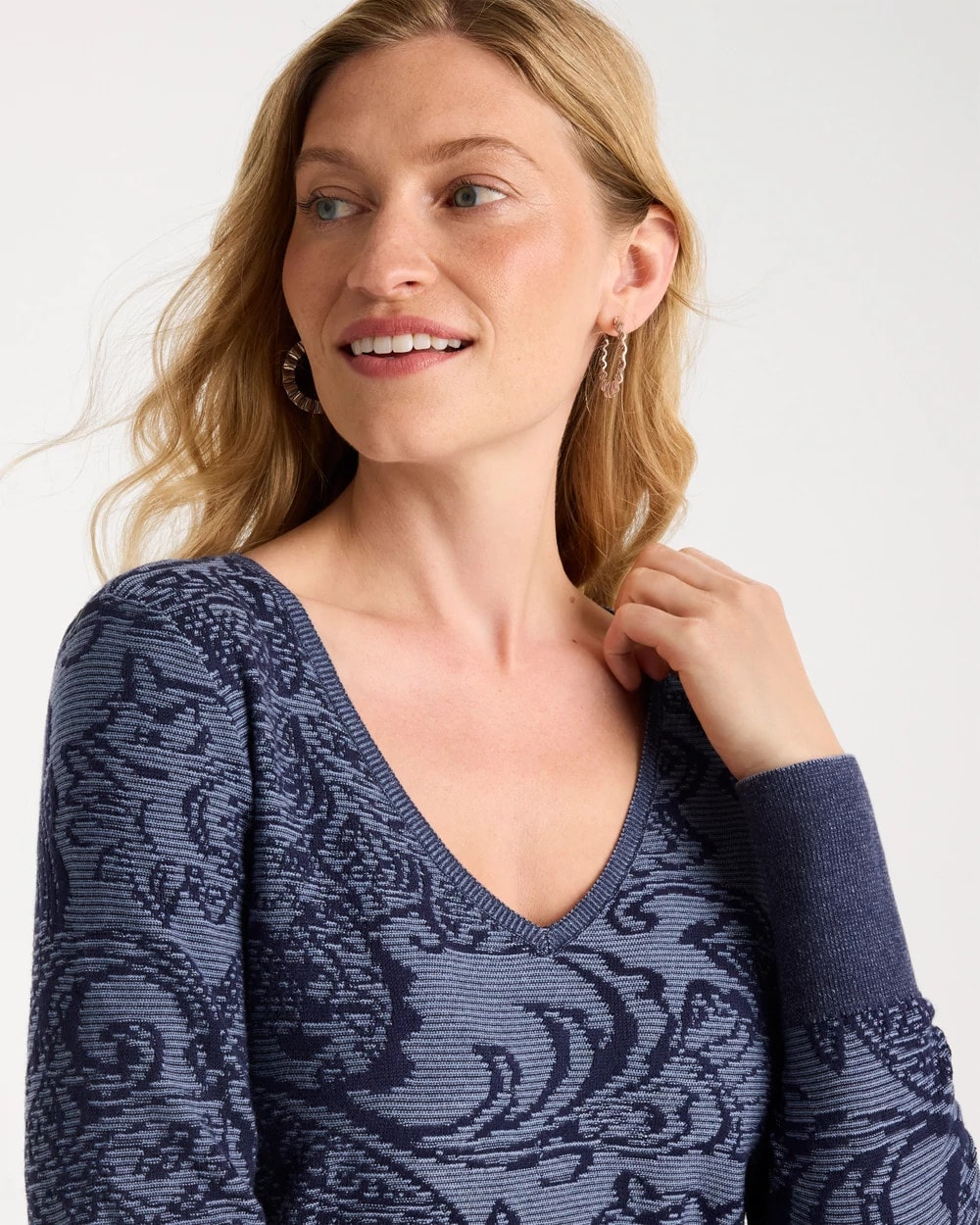 Ella Jacquard V-Neck Pullover Sweater