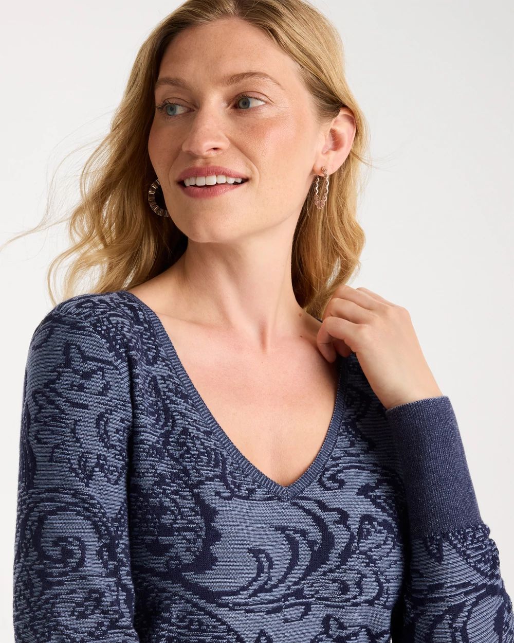 Ella Jacquard V-Neck Pullover Sweater click to view larger image.