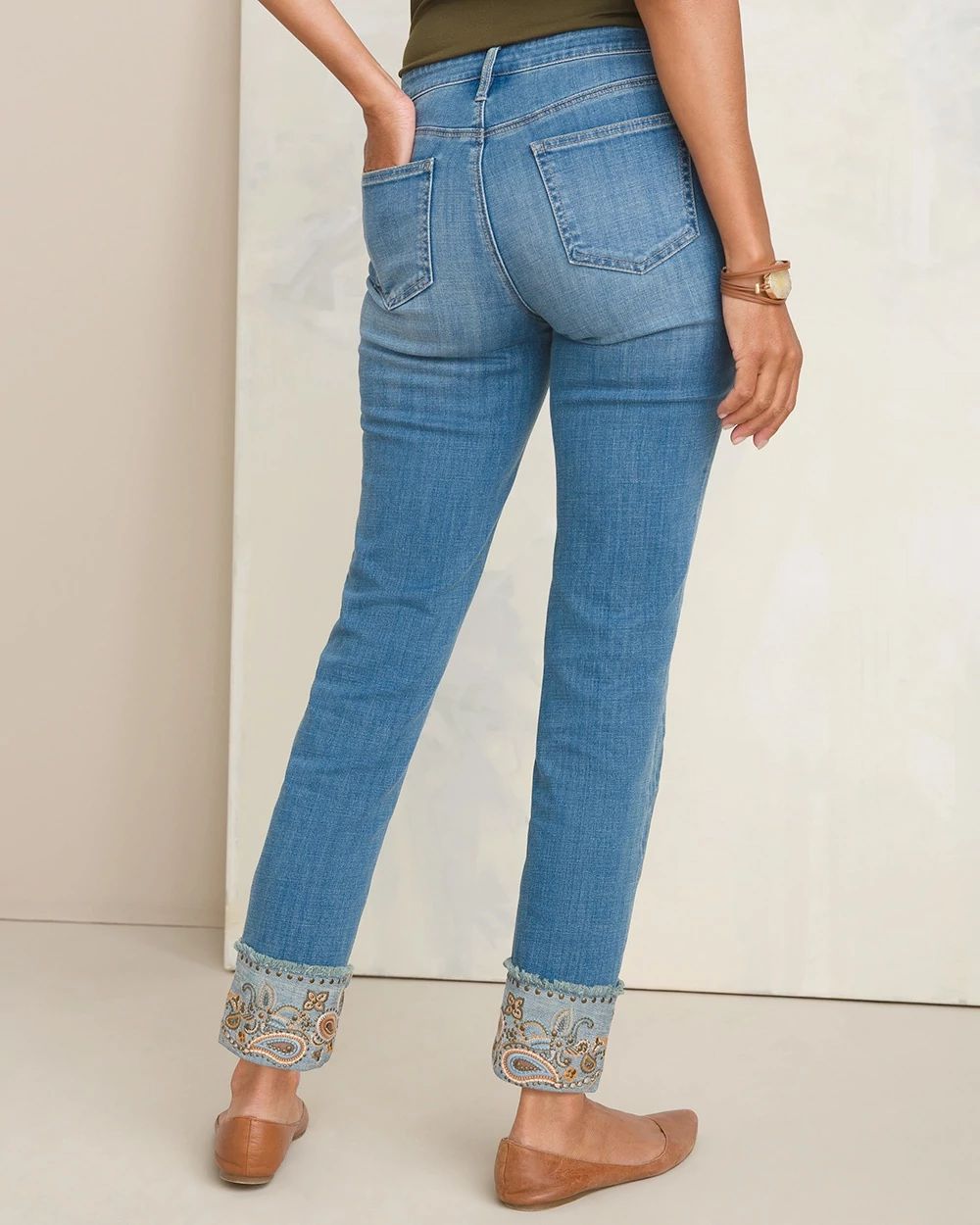 So Slimming Embellished-Cuff Girlfriend Ankle Jeans