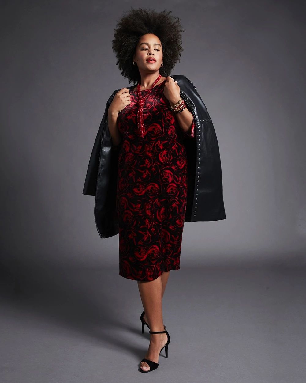 Rose-Print Velvet Midi Dress