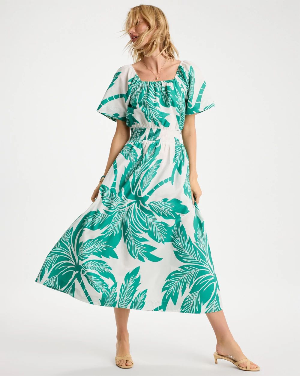 Poplin Cotton Off-Shoulder Printed Dress click to view larger image.