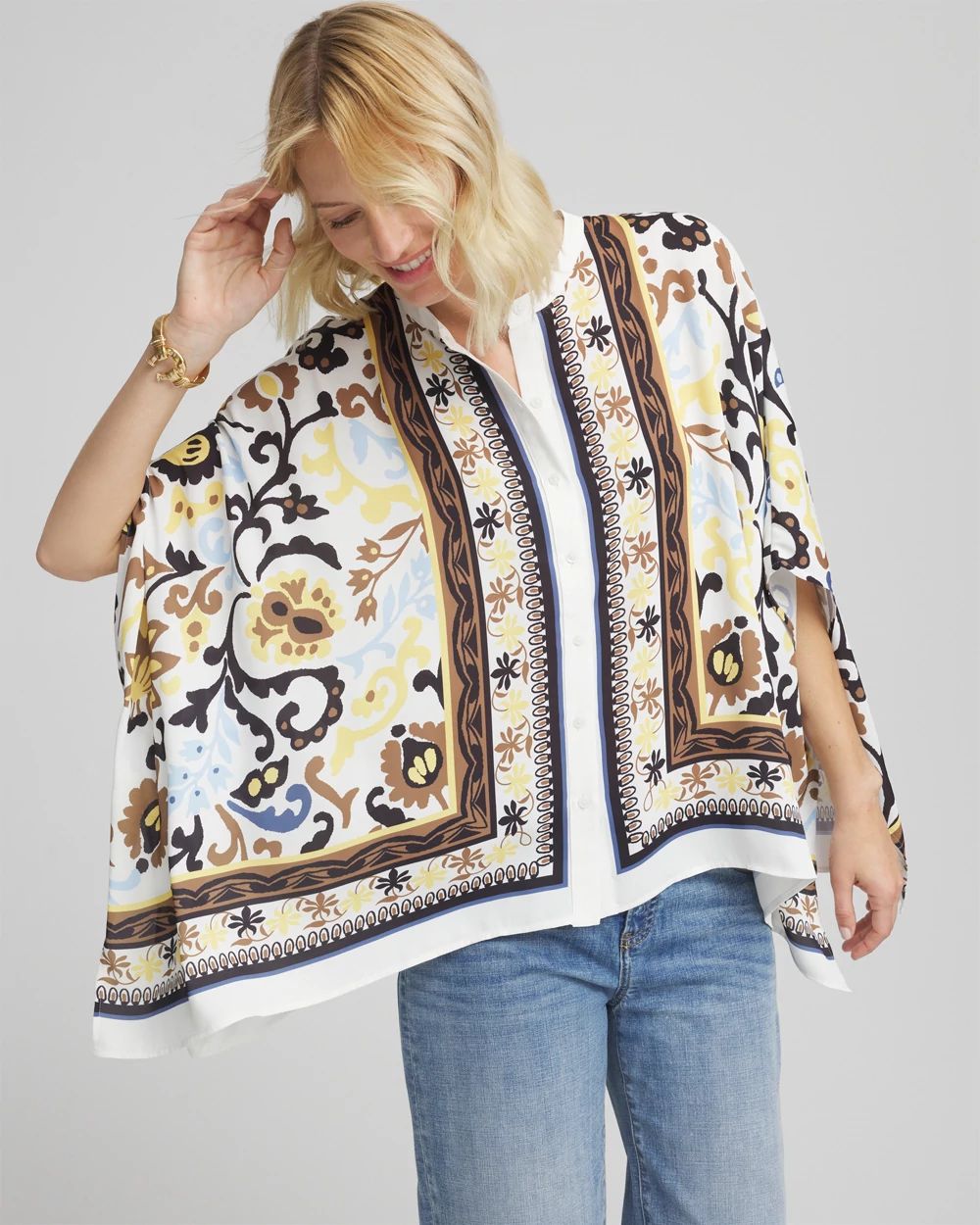 Printed Collarless Button-Front Poncho