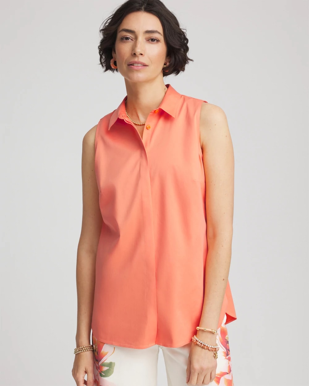 No Iron™ Sleeveless Sateen-Stretch Shirt, photo 1 of 5
