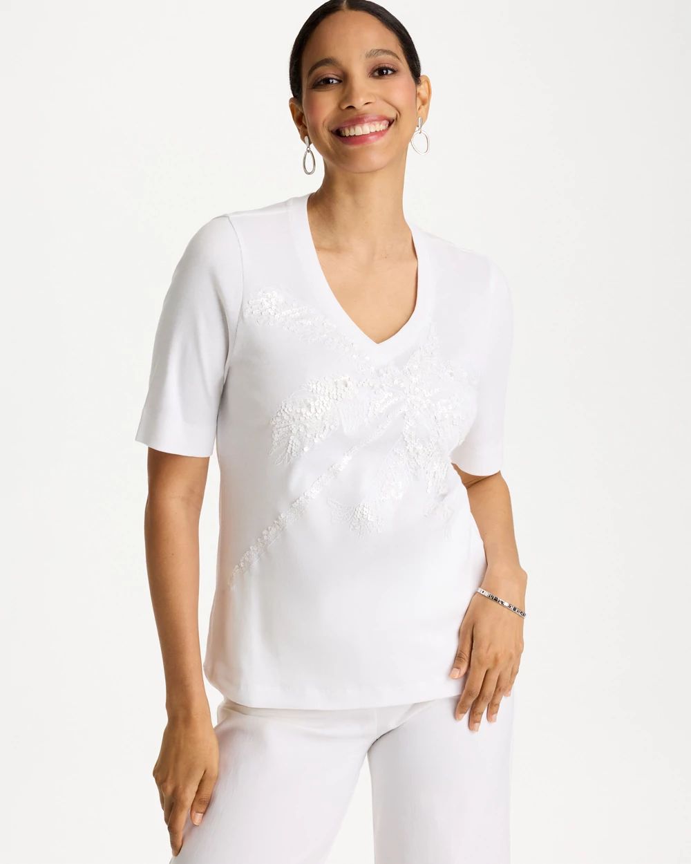 Palm Embellished Pima Elbow Sleeve Tee