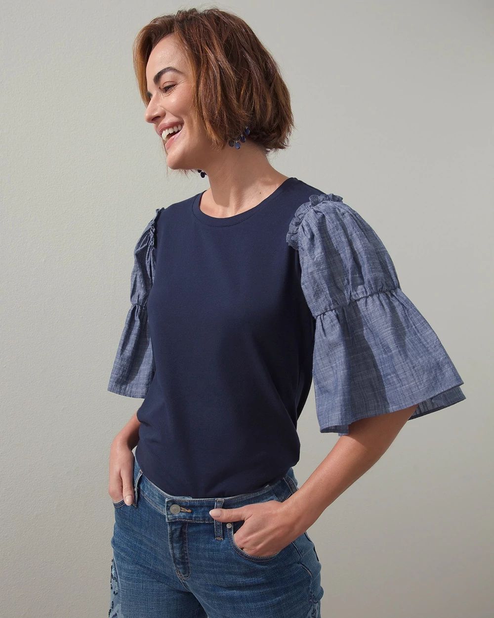 Chambray Tiered Sleeve Tee