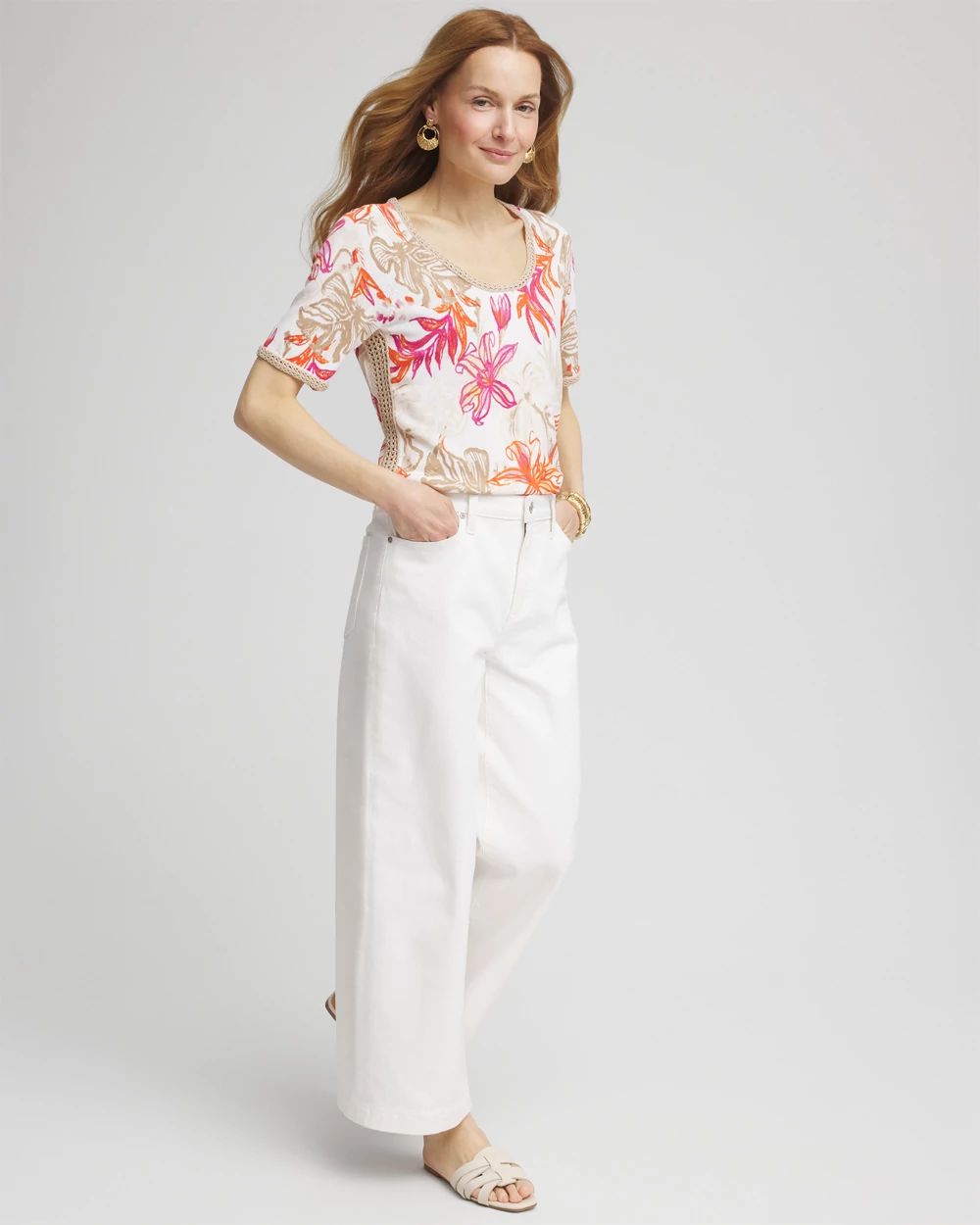 Floral Print Crochet-Trim Pullover Sweater