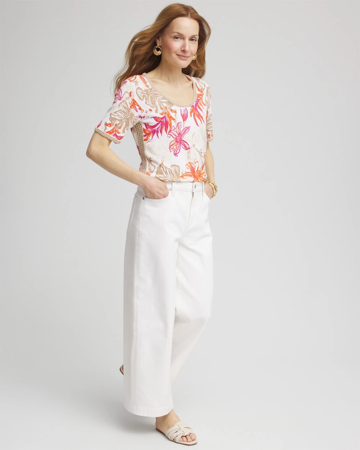 Chico's Floral Print Crochet-trim Pullover Sweater In White In White