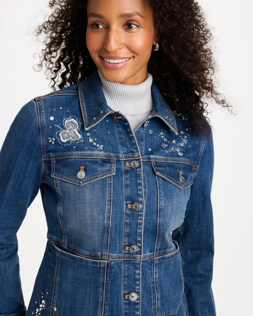 Embellished Denim Peplum Jacket click to view larger image.
