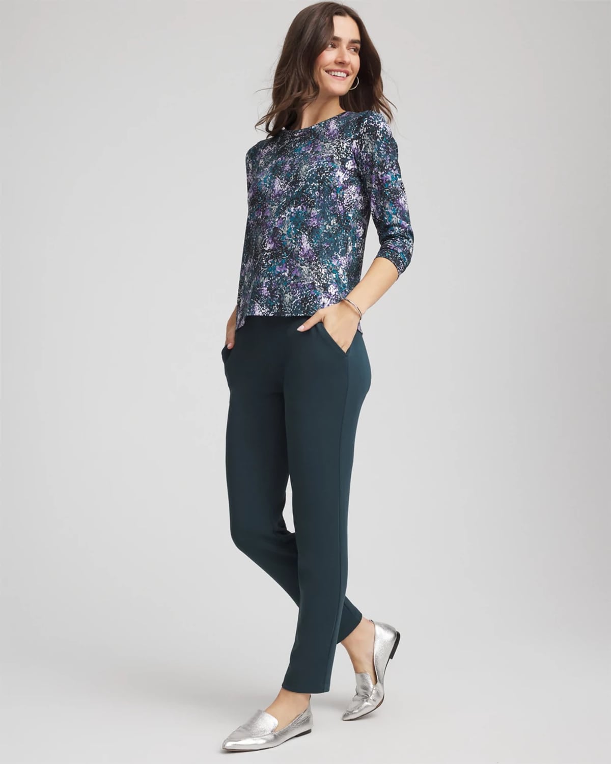 Chico's Soft Brushed Scattered Top In Teal Shadow In Blue