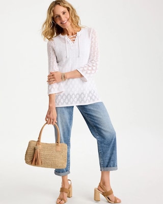 Cotton-Linen Lace Notch-Neck Sweater click to view larger image.