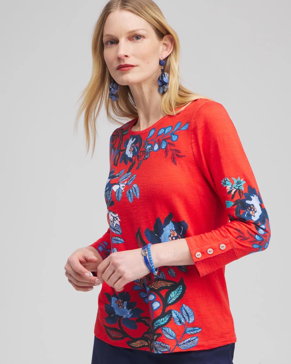 Floral 3/4 Sleeve Button Tee