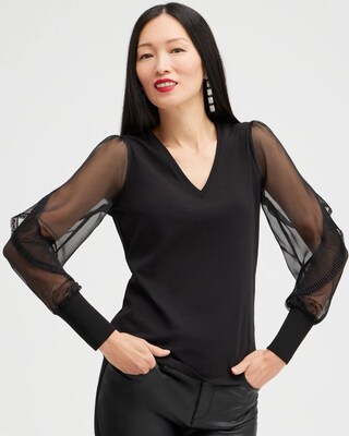 Knit Woven Ruffle Sleeve Tee