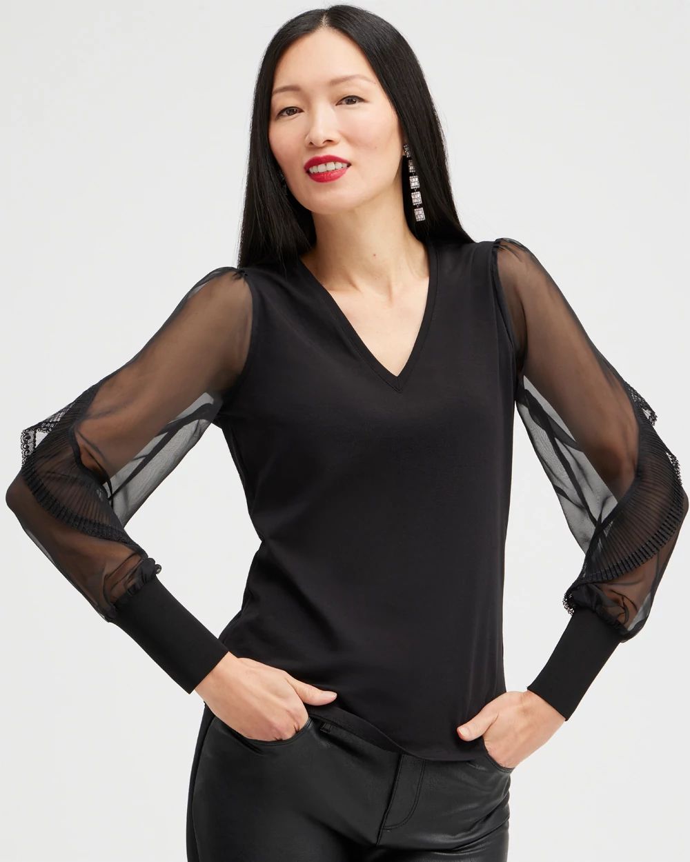Knit Woven Ruffle Sleeve Tee