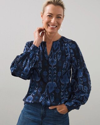 Pleat Sleeve Ikat Print Top