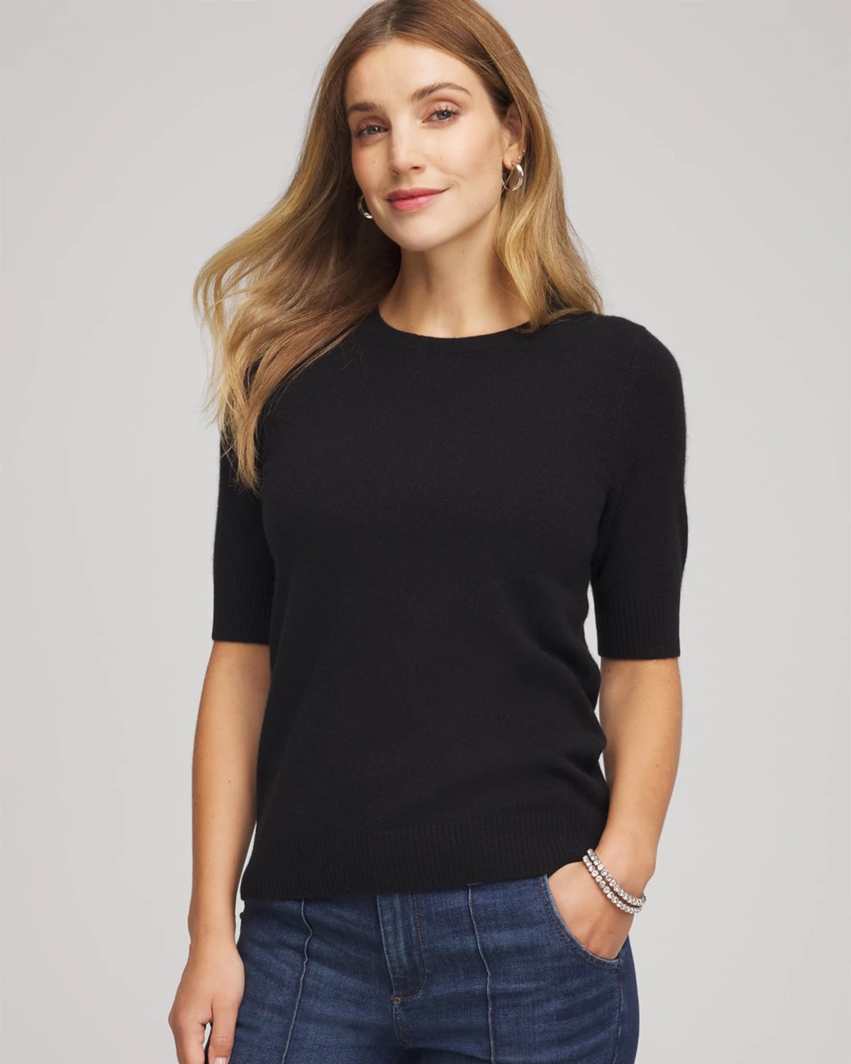 Chico's Crewneck Cashmere Pullover Sweater In Black In Black