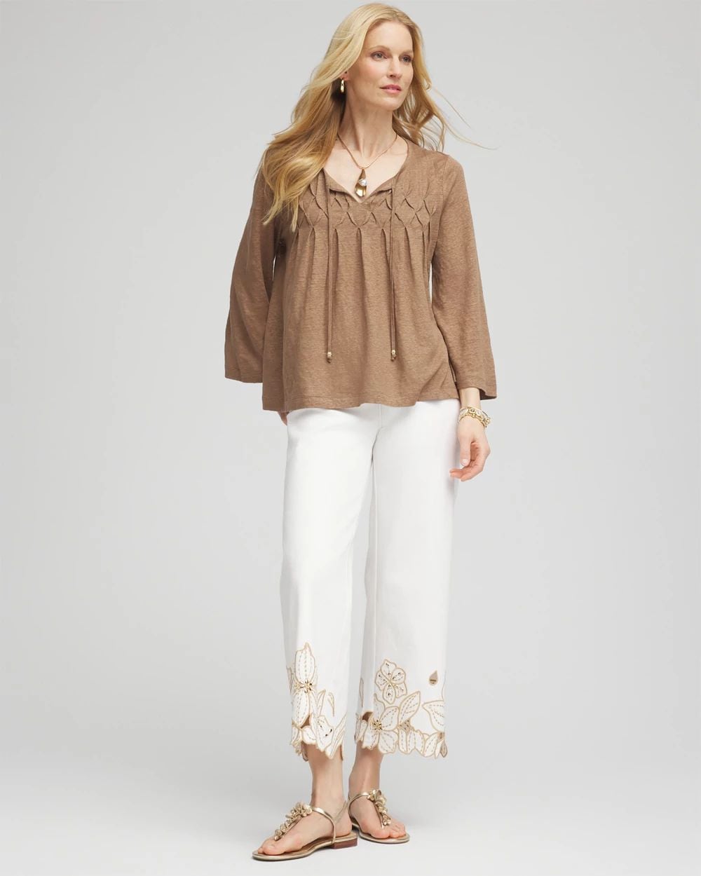 Pintuck Linen Notched-Neck Tee