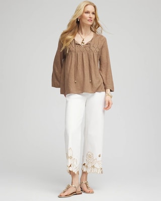 Pintuck Linen Notched-Neck Tee