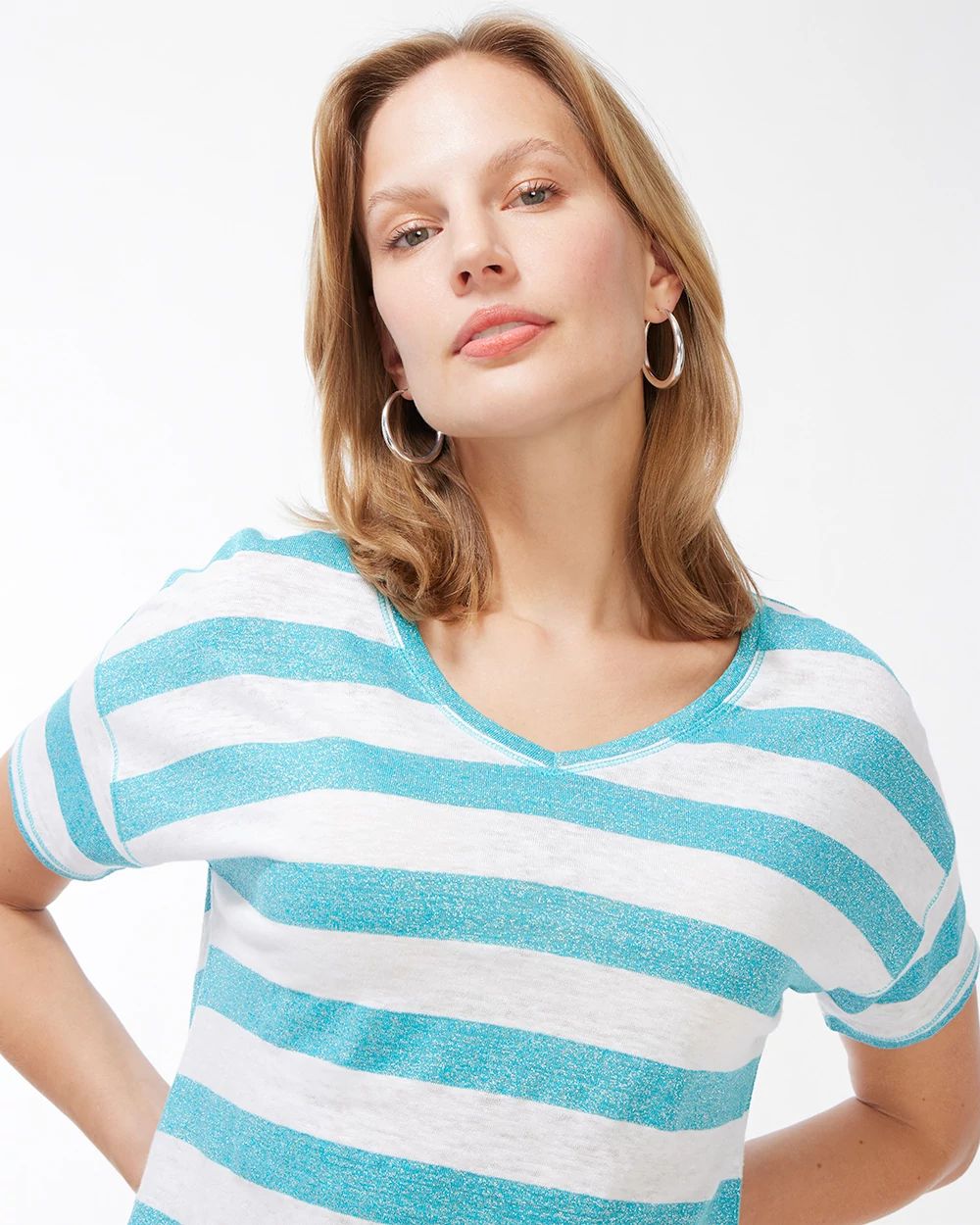 Linen-Blend Aqua Stripe Tee