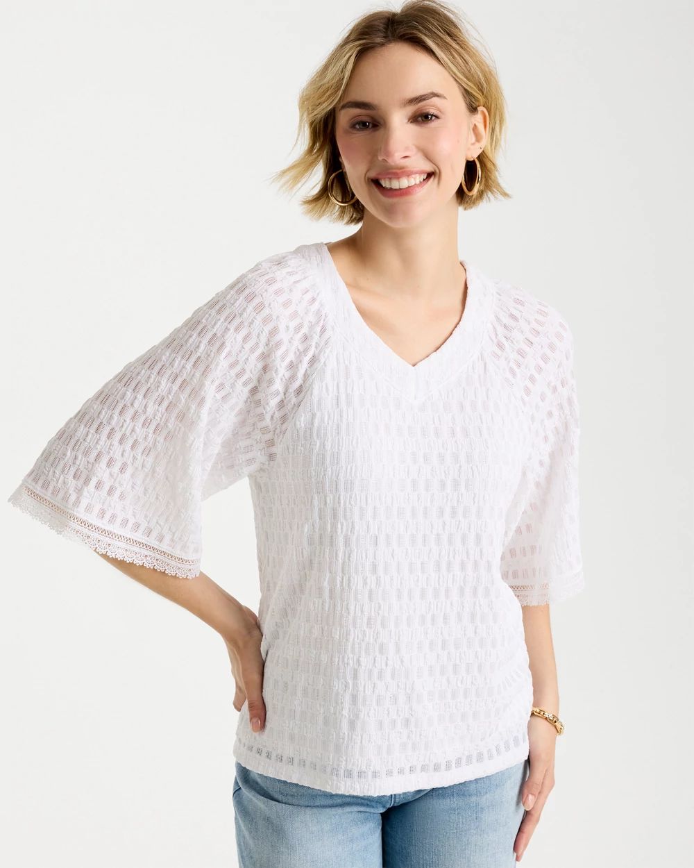 Crinkle Lace Knit Raglan Tee