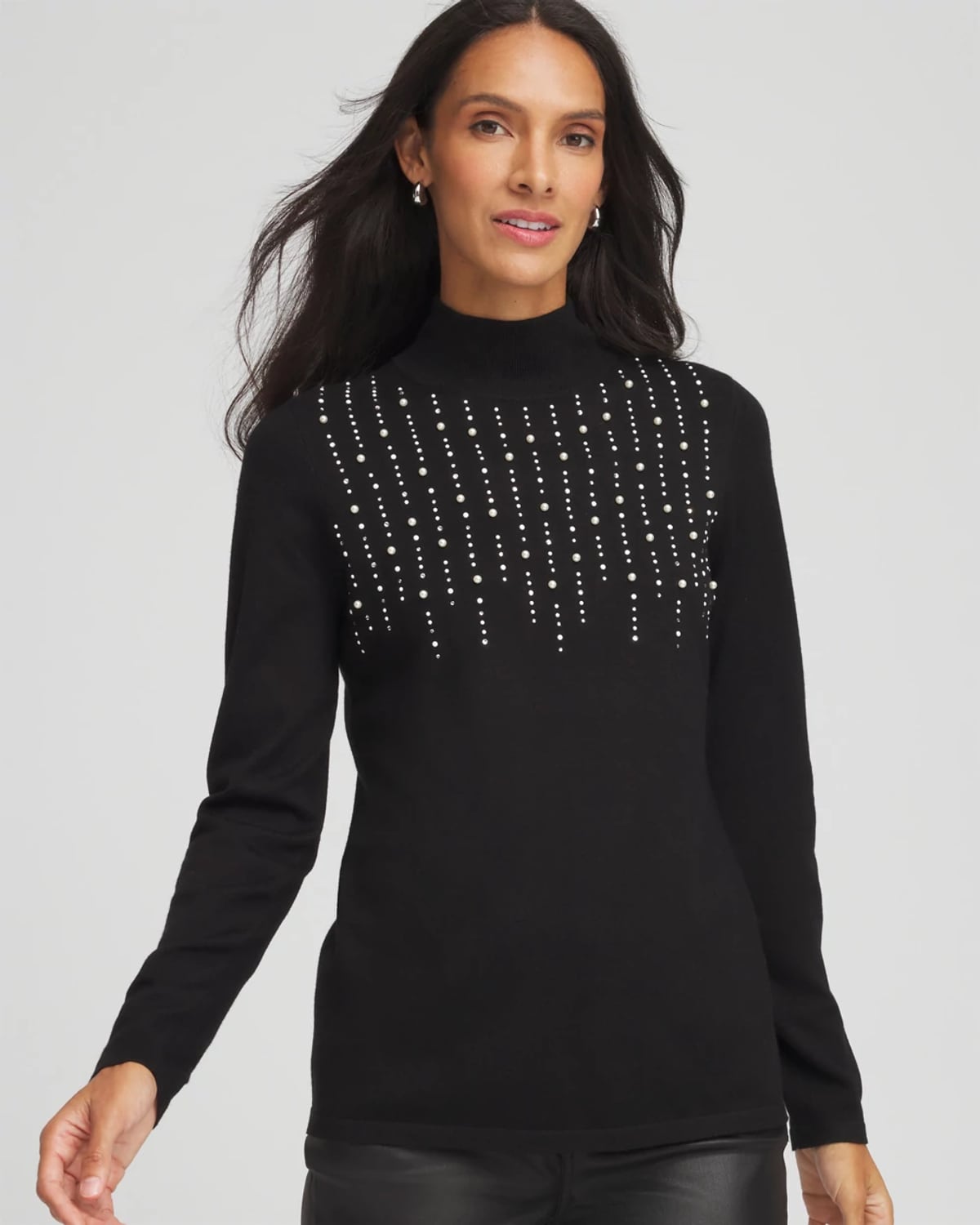 Chico's Ella Embellished Mockneck Sweater In Black In Black