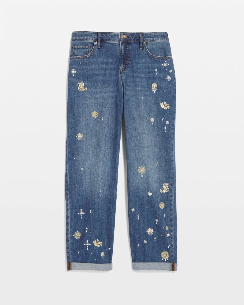 Pearl Brooch Boyfriend Relaxed Cropped Jeans