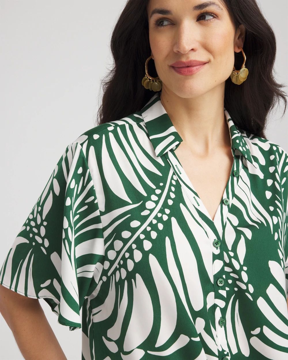 Palm Print Tie-Front Silky Top