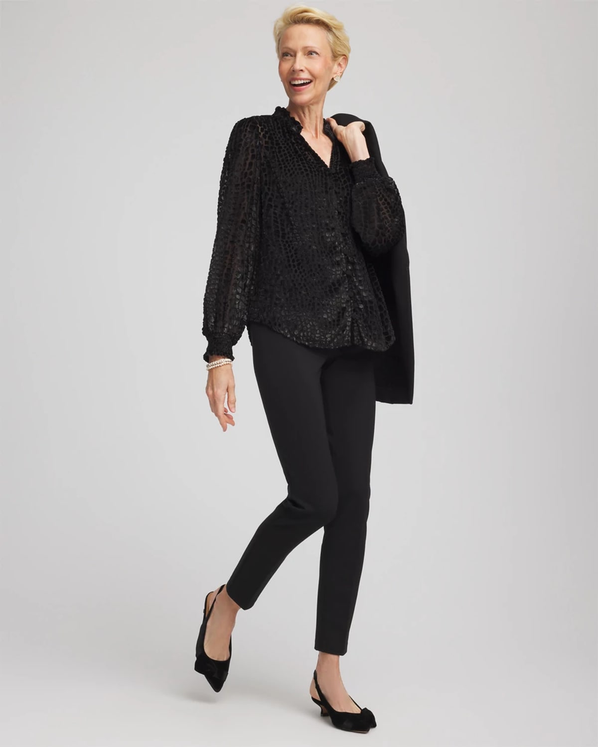 Chico's Burnout Velvet Blouse In Black In Black
