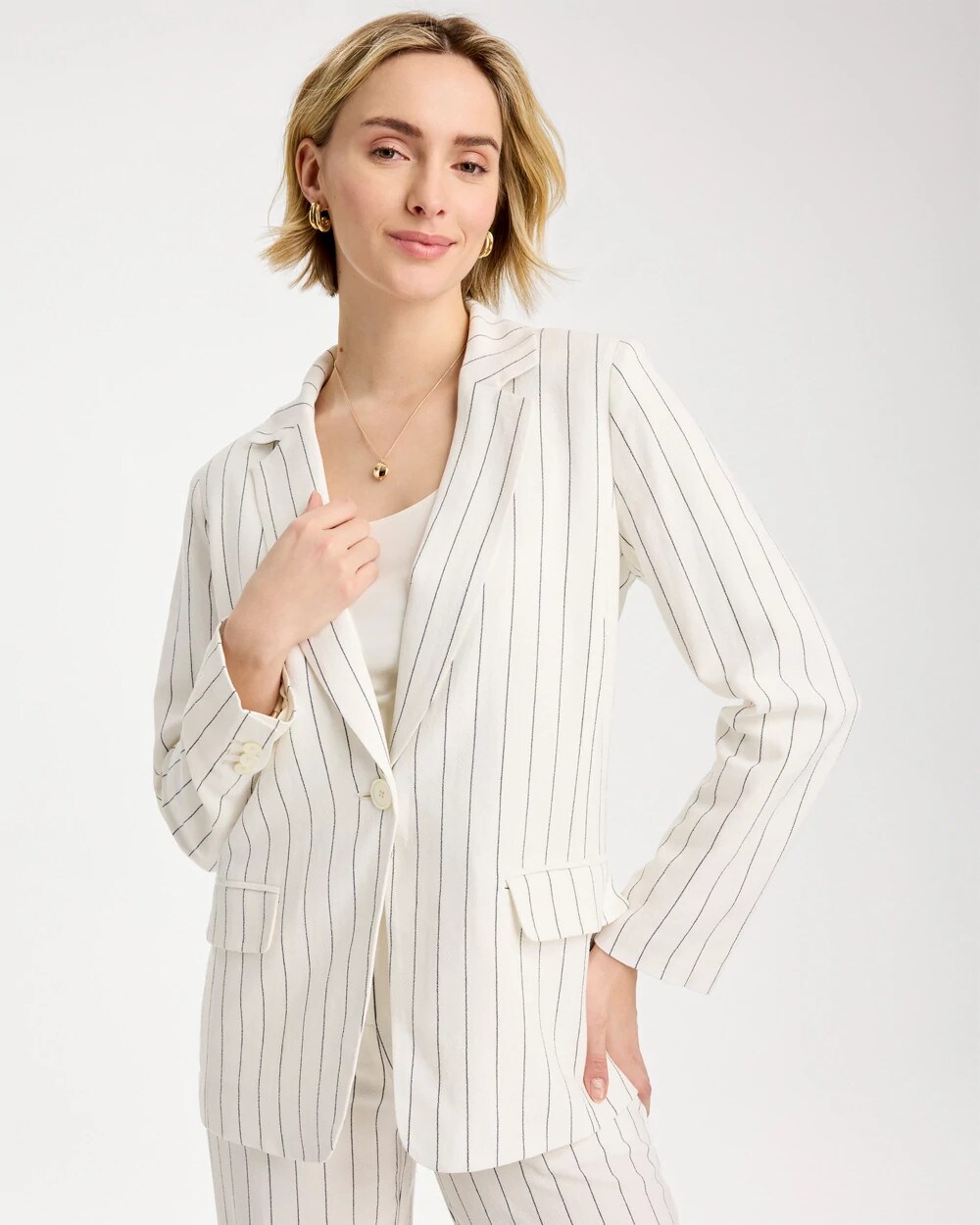 Linen-Blend Striped Boyfriend Blazer